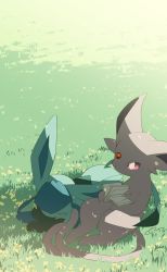 Rule 34 | bad id, bad pixiv id, closed eyes, commentary request, creatures (company), day, espeon, flower, game freak, gen 2 pokemon, gen 4 pokemon, glaceon, grass, highres, hime takeo, holding, lying, nintendo, no humans, on stomach, outdoors, pokemon, pokemon (creature), purple eyes, sleeping, yellow flower