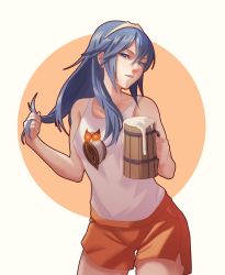 Rule 34 | 1girl, absurdres, alcohol, alternate costume, beer, beer mug, bird, blue eyes, blue hair, breasts, cup, drink, fire emblem, fire emblem awakening, highres, hooters, long hair, looking at viewer, lucina (fire emblem), mug, nintendo, open mouth, owl, playing with own hair, pomelomelon, shorts, small breasts, solo, tank top, tiara