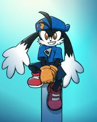 Rule 34 | 1boy, absurdres, aqua background, black fur, blue background, blue hat, blue shirt, fur, furry, furry male, gloves, hat, high tops, highres, kaze no klonoa, klonoa, long legs, male focus, oneenviousgamer, own hands together, pac-man, pants, red footwear, shirt, shoes, simple background, smile, sneakers, solo, teeth, yellow eyes, yellow gloves, zipper