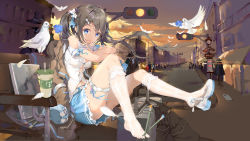 Rule 34 | 1girl, absurdres, bench, between toes, bird, black hair, blue eyes, blue skirt, bodhi wushushenghua, brush, canvas (object), dove, feathers, flower, holding with feet, hair flower, hair ornament, highres, lace, lace-trimmed legwear, lace trim, midriff peek, original, outdoors, road, shirt, skirt, socks, solo, street, thigh strap, traffic light, twilight, twintails, uniform, white shirt, white socks