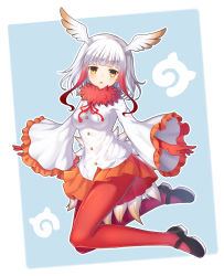 Rule 34 | 10s, 1girl, black footwear, blue background, blush, breasts, frilled sleeves, frills, from side, full body, gloves, head tilt, head wings, highres, japanese crested ibis (kemono friends), japari symbol, kemono friends, kuta (shi cai), legs up, long hair, long sleeves, looking at viewer, mary janes, medium breasts, multicolored hair, open mouth, orange skirt, pantyhose, pleated skirt, red gloves, red hair, red pantyhose, shirt, shoes, skirt, solo, two-tone hair, white hair, white shirt, wide sleeves, wings, yellow eyes