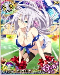 Rule 34 | 10s, 1girl, antenna hair, blue eyes, breasts, card (medium), character name, cheerleader, chess piece, cleavage, fireworks, hair ribbon, high school dxd, high school dxd infinity, large breasts, long hair, official art, one eye closed, pom pom (cheerleading), ribbon, rook (chess), rossweisse, silver hair, smile, solo, torn clothes, trading card, very long hair, w