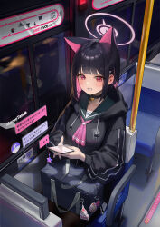 Rule 34 | 1girl, absurdres, animal ears, bag, black choker, black hair, blue archive, blush, bus interior, cellphone, choker, collarbone, colored inner hair, commentary request, dong ji, halo, highres, holding, holding phone, kazusa (blue archive), long sleeves, looking at viewer, multicolored hair, phone, pink hair, red eyes, school bag, school uniform, sitting, solo