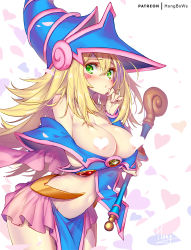 Rule 34 | 1girl, areola slip, blonde hair, blue dress, blue hat, blush, breasts, bridal gauntlets, censored, censored nipples, cleavage, closed mouth, commentary, cowboy shot, curvy, dark magician girl, dress, duel monster, facial mark, fingernails, green eyes, hair between eyes, hand up, hat, heart, heart censor, holding, holding staff, hong (white spider), large breasts, leaning forward, long hair, magical girl, nail polish, navel, pink nails, pink skirt, pleated skirt, signature, skirt, solo, staff, very long hair, white background, yu-gi-oh!, yu-gi-oh! duel monsters