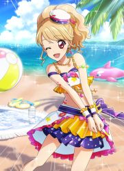 Rule 34 | 1girl, aikatsu!, aikatsu! (series), aikatsu! photo on stage!!, anchor earrings, anchor symbol, ball, beach, beachball, blonde hair, chain, cloud, day, earrings, flip-flops, frills, hat, highres, inflatable dolphin, inflatable toy, jewelry, multicolored hair, natsuki mikuru, necklace, ocean, one eye closed, open mouth, outdoors, palm tree, pink eyes, ponytail, sailor hat, sand, sandals, shirt, skirt, sky, sleeveless, sleeveless shirt, smile, streaked hair, sunlight, tree, water