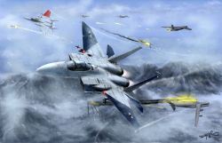 Rule 34 | ace combat, ace combat zero, aerial battle, afterburner, aircraft, airplane, b-52 stratofortress, battle, bomber, cipher (ace combat), damaged, explosion, f-15, f-15 eagle, fighter jet, fire, firing, flying, heavy bomber, highres, jet, larry foulke, military, military vehicle, missile, mountain, no humans, penetrator (aircraft), signature, snow, strategic bomber, thompson (solowingfh), vehicle focus, war