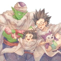 Rule 34 | 1girl, 2boys, :d, age difference, black hair, cape, child, colored skin, dougi, dragon ball, dragon ball super, dragon ball super super hero, father and daughter, glasses, green skin, happy, headpat, highres, holding, holding stuffed toy, konoha kairi, looking at another, multiple boys, open mouth, pan (dragon ball), penko (dragon ball), piccolo, red sash, sash, short hair, smile, son gohan, spiked hair, stuffed toy, turban, white cape