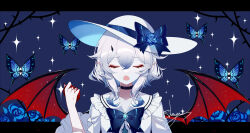Rule 34 | 1girl, ^ ^, black choker, blood, blood on hands, blue bow, bow, bug, butterfly, choker, closed eyes, commentary request, demon wings, dress, facing viewer, hair between eyes, hand up, hat, hat bow, highres, horns, insect, letterboxed, open mouth, original, outside border, sailor collar, sheya, short hair, solo, sparkle, straight-on, upper body, white dress, white hair, white hat, white sailor collar, wings