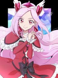 Rule 34 | 1girl, artist name, black bow, bow, choker, cure passion, detached sleeves, dress, earrings, eyelashes, fpminnie1, fresh precure!, frilled dress, frills, hair ornament, happy, heart, heart earrings, heart hair ornament, higashi setsuna, highres, jewelry, long hair, looking at viewer, magical girl, pink hair, precure, red dress, red eyes, signature, sketch, smile, solo, white choker