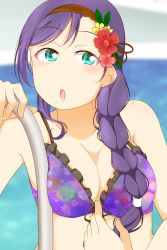 Rule 34 | 10s, 1girl, alternate hairstyle, bare shoulders, bikini, blurry, blurry background, blush, braid, breast press, breasts, cleavage, feitonokesin, flower, green eyes, hair flower, hair ornament, hairband, highres, large breasts, long hair, looking at viewer, love live!, love live! school idol festival, love live! school idol project, open mouth, pool, purple hair, solo, swimsuit, tojo nozomi, water