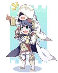 Rule 34 | 2boys, alfonse (fire emblem), armor, armored boots, blue eyes, blue hair, boots, brown footwear, brown gloves, cape, carrying, chibi, commentary request, detached sleeves, fire emblem, fire emblem heroes, full body, gloves, highres, hood, kiran (fire emblem), long sleeves, looking away, multiple boys, nakabayashi zun, nintendo, open mouth, pants, pointing, scale armor, shoulder carry, simple background, white cape