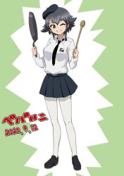 Rule 34 | 1girl, anzio school uniform, belt, beret, black belt, black footwear, black hair, black hat, black necktie, black skirt, braid, brown eyes, character name, commentary, dated, dress shirt, emblem, frying pan, full body, girls und panzer, grin, hair tie, hat, highres, holding, loafers, long sleeves, looking at viewer, miniskirt, nao (nao puku777), necktie, one eye closed, pantyhose, pepperoni (girls und panzer), pleated skirt, school uniform, shirt, shoes, short hair, side braid, skirt, smile, solo, spatula, standing, tilted headwear, white pantyhose, white shirt, wing collar