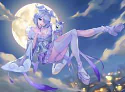 Rule 34 | 1girl, blue hair, bow, breasts, commentary, elira pendora, elira pendora (2nd costume), english commentary, fang, flying, full body, green eyes, hair over one eye, head wings, jewelry, looking at viewer, moon, namiura, necklace, night, nijisanji, nijisanji en, open mouth, outdoors, platform clogs, platform footwear, sandals, short hair, single sock, single thighhigh, skin fang, skirt, socks, solo, thighhighs, tongue, torn clothes, torn legwear, virtual youtuber, wings