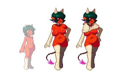 Rule 34 | 1girl, alternate breast size, alternate form, bad id, bad tumblr id, breasts, capelet, choker, colored skin, demon girl, earrings, elbow gloves, gloves, helvetica (succubus game), horns, jewelry, large breasts, lowres, navel, nipples, noill, nude, pixel art, pointy ears, red skin, short hair, simple background, small breasts, smile, standing, succubus game, tail, thighhighs, white background
