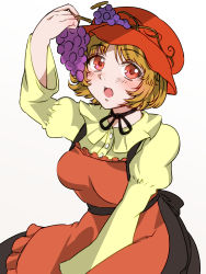 Rule 34 | 1girl, aki minoriko, akira creative, apron, black ribbon, black skirt, blonde hair, blouse, blush, breasts, choker, collared shirt, commentary request, eating, food, fruit, grape hat ornament, grapes, hat, highres, holding, holding food, holding fruit, juliet sleeves, long sleeves, medium breasts, mob cap, one-hour drawing challenge, open mouth, orange apron, orange eyes, orange headwear, puffy sleeves, ribbon, ribbon choker, seiza, shirt, short hair, simple background, sitting, skirt, touhou, white background, wide sleeves, yellow shirt