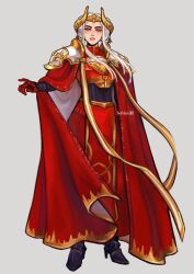 Rule 34 | 1girl, armor, armored boots, armored dress, artist name, boots, breastplate, edelgard von hresvelg, fire emblem, fire emblem: three houses, full body, grey background, high heel boots, high heels, nintendo, parted lips, purple eyes, sethkiel, simple background, solo, standing, teeth, white hair
