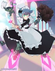 Rule 34 | 1girl, alternate costume, apron, black bow, black dress, blue hair, bottle, bow, constanze amalie von braunschbank-albrechtsberger, dress, enmaided, flying, frilled apron, frilled dress, frilled sleeves, frills, green eyes, hair bow, highres, holding, holding wand, little witch academia, long sleeves, looking at viewer, maid, maid apron, maid headdress, rtil, short hair, solo, spray bottle, wand, watermark, web address