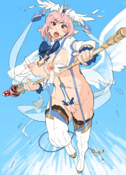 Rule 34 | 1girl, bad id, bad pixiv id, boots, borrowed character, breasts, day, destiny (ishida), elf, covered erect nipples, highres, large breasts, mama (mama hiro), nippleless clothes, nipples, original, pink hair, pointy ears, pussy, red eyes, revealing clothes, scepter, sky, solo, staff, sweat, thigh boots, thighhighs, uncensored, wings