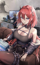 Rule 34 | 1other, 2girls, absurdres, amiya (arknights), arknights, bare shoulders, belt, black belt, black dress, black jacket, breasts, cleavage, commentary request, doctor (arknights), dress, fang, fang out, food, highres, horns, indoors, jacket, large breasts, long hair, long sleeves, looking at viewer, monitor, mouth hold, multiple girls, off shoulder, poni (poni arknights), popsicle, purple eyes, red hair, sitting, sleeveless, sleeveless dress, smile, surtr (arknights), thick thighs, thighs
