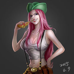 Rule 34 | 1girl, breasts, food, gradient background, jewelry bonney, lipstick, lt, makeup, midriff, nail polish, one piece, piercing, pink hair, pizza, purple eyes, supernova, tagme
