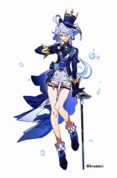 Rule 34 | 1girl, absurdres, alternate costume, asymmetrical gloves, blue hair, cane, furina (genshin impact), genshin impact, gloves, hat, highres, kradebii, mini hat, mismatched gloves, one eye closed, solo, thigh strap, white background