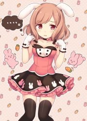 Rule 34 | ..., 1girl, :x, animal ears, bad id, bad pixiv id, bare arms, bare shoulders, black thighhighs, breasts, brown hair, carrot-shaped pillow, cleavage, collarbone, gloves, looking at viewer, maki (natoriumu), original, rabbit, rabbit ears, red eyes, shirt, skirt, sleeveless, solo, thighhighs, thighs, white gloves, zettai ryouiki