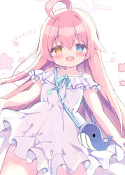 Rule 34 | 1girl, :d, ahoge, animal bag, azumi kazuki, bag, blue archive, blue eyes, blue ribbon, blush, commentary, dress, fang, floral background, frilled dress, frills, halo, heterochromia, highres, hoshino (blue archive), long hair, looking at viewer, neck ribbon, off-shoulder dress, off shoulder, open mouth, ribbon, shoulder bag, simple background, smile, solo, standing, translation request, very long hair, white background, white dress, yellow eyes