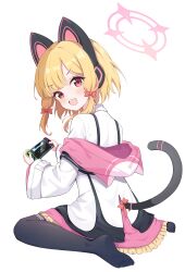 Rule 34 | 1girl, absurdres, animal ear headphones, animal ears, black thighhighs, blonde hair, blue archive, blush, cat tail, exusiai dust, fake animal ears, halo, handheld game console, headphones, highres, holding, holding handheld game console, jacket, long sleeves, looking at viewer, momoi (blue archive), open mouth, pink halo, playing games, red eyes, shirt, short hair, simple background, smile, soles, solo, tail, thighhighs, toes, white background, white jacket, white shirt
