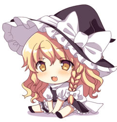 Rule 34 | 1girl, apron, bad id, bad pixiv id, black dress, blonde hair, blush, bow, braid, chibi, dress, fang, female focus, hair ribbon, hat, hat bow, kirisame marisa, long sleeves, lowres, matatabi maru, open mouth, puffy sleeves, ribbon, short sleeves, simple background, smile, solo, touhou, v arms, waist apron, white background, witch hat, yellow eyes