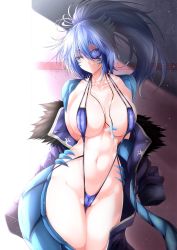 Rule 34 | 1girl, absurdres, annes (g (genesis1556)), blue eyes, blue hair, blue one-piece swimsuit, breasts, cameltoe, closed mouth, cowboy shot, cross, dragon girl, dragon tail, eyepatch, fur trim, g (genesis1556), groin, hair between eyes, hands on own hips, highres, jewelry, large breasts, long hair, looking to the side, midriff, monster girl, navel, one-piece swimsuit, original, pendant, ponytail, scar, slingshot swimsuit, solo, standing, swimsuit, tail