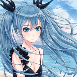 Rule 34 | 1girl, bad id, bad pixiv id, black bow, black dress, blue hair, blue sky, bow, breasts, cleavage, cloud, collarbone, day, dress, floating hair, hair bow, hatsune miku, highres, huangyan9786, long hair, ocean, outdoors, shinkai shoujo (vocaloid), sky, sleeveless, sleeveless dress, small breasts, solo, twintails, twitter username, upper body, very long hair, vocaloid, watermark