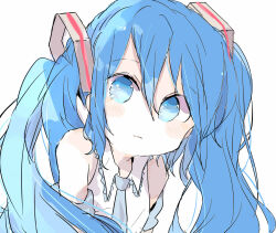 Rule 34 | 1girl, aqua necktie, bare shoulders, blue eyes, blue hair, blush, closed mouth, collared shirt, commentary request, detached sleeves, hair between eyes, hair ornament, hatsune miku, highres, long hair, looking at viewer, necktie, shirt, simple background, sleeveless, sleeveless shirt, solo, twintails, upper body, vocaloid, white background, white shirt, xxxx saki