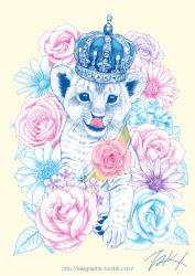 Rule 34 | crown, flower, forget-me-not (flower), licking lips, lion cub, looking at viewer, no humans, original, takigraphic, tongue, tongue out, watermark, web address, yellow background