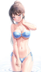 Rule 34 | 0v0 (l seohui), 1girl, absurdres, bare shoulders, bikini, black hair, blue bikini, blue eyes, blush, breasts, cleavage, closed mouth, commentary, cowboy shot, hand on own neck, highres, jewelry, large breasts, long hair, looking at viewer, navel, necklace, original, partially submerged, ponytail, side-tie bikini bottom, solo, stomach, swimsuit, thigh gap, underboob, water