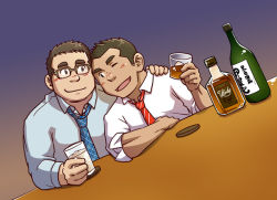 Rule 34 | 2boys, bara, belly, blush, bottle, couple, cup, dark-skinned male, dark skin, dutch angle, glasses, heads together, holding, holding cup, leaning on person, looking at another, male focus, multiple boys, necktie, one eye closed, original, red necktie, salaryman, short hair, sideburns, sleeves rolled up, suv (suv032), wine bottle, yaoi