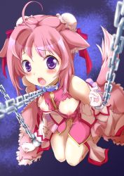 Rule 34 | 10s, 1girl, ahoge, animal ears, bare shoulders, bdsm, blush, bondage, bound, breasts, chain, chained, choker, collar, cuffs, dog days, dog ears, dog girl, double bun, elbow gloves, female focus, gloves, kneeling, leash, lilita (lilichi), looking at viewer, millhiore f. biscotti, nipples, no bra, open mouth, pink hair, purple eyes, shackles, short hair, slave, small breasts, solo, tail, torn clothes