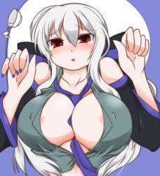 Rule 34 | 1girl, areola slip, bare shoulders, between breasts, blush, bow, breasts, bursting breasts, cleavage, collarbone, detached sleeves, huge breasts, large breasts, long hair, nail polish, necktie, niwakaame (amayadori), no bra, open mouth, red eyes, silver hair, solo, tears, very long hair, vocaloid, yowane haku
