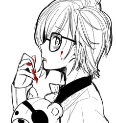 Rule 34 | 10s, 1boy, bags under eyes, blood, bow, bowtie, diabolik lovers, eyepatch, glasses, lineart, looking at viewer, male focus, monochrome, open mouth, sakamaki kanato, simple background, solo, stuffed animal, stuffed toy, sweater, teddy (diabolik lovers), teddy bear, white background, yurichika (pixiv3221904)
