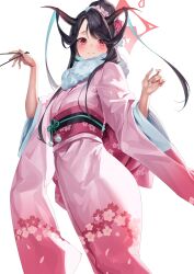 Rule 34 | 1girl, absurdres, black hair, blue archive, blush, chopsticks, closed mouth, demon horns, flower, fur-trimmed kimono, fur trim, fuuka (blue archive), fuuka (new year) (blue archive), grey horns, hair flower, hair ornament, halo, highres, holding, holding chopsticks, horns, japanese clothes, kimono, long hair, long sleeves, obi, pink flower, pink kimono, red eyes, red halo, sash, simple background, smile, solo, white background, wide sleeves, yamanokami eaka