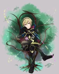 Rule 34 | 1boy, armor, armored boots, blonde hair, book, boots, cape, chlxms, fire emblem, fire emblem fates, full body, gloves, grey background, leaf, leo (fire emblem), male focus, nintendo, red eyes, simple background, sitting, solo, tree
