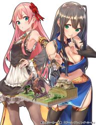 Rule 34 | 1boy, 2girls, apron, aqua eyes, armpits, baffu, bare shoulders, black dress, blue skirt, breasts, brown hair, cleavage cutout, clothing cutout, contrapposto, cover, cowboy shot, crop top, detached sleeves, dragon, dress, full body, giant, giantess, green eyes, hair between eyes, hair ornament, hands on own hips, highres, index finger raised, large breasts, leaning forward, lifting person, lips, long hair, looking at viewer, looking down, maid, midriff, multiple girls, official art, original, pantyhose, pelvic curtain, pink hair, short dress, side slit, sidelocks, skirt, small breasts, standing, thighhighs, transparent background, waist apron, western dragon, zettai ryouiki