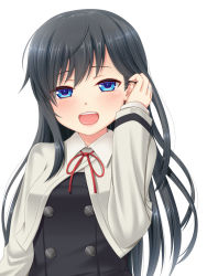 Rule 34 | 1girl, :d, asashio (kancolle), black dress, black hair, blue eyes, blush, buttons, commentary, double-breasted, dress, eyes visible through hair, tucking hair, hanazome dotera, hand up, jewelry, kantai collection, long hair, long sleeves, looking at viewer, open mouth, pinafore dress, red neckwear, ring, simple background, sleeveless, sleeveless dress, smile, solo, upper body, wedding band, white background
