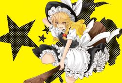 Rule 34 | 1girl, apron, arm up, back bow, black skirt, black vest, blonde hair, bow, braid, breasts, broom, broom riding, commentary request, dotted background, flying, fuko (fukkofuko), hair ribbon, hat, hat ribbon, kirisame marisa, large breasts, long hair, looking at viewer, open mouth, petticoat, puffy short sleeves, puffy sleeves, red ribbon, ribbon, shirt, short sleeves, single braid, skirt, solo, tongue, touhou, tress ribbon, upper body, vest, waist apron, white apron, white bow, white ribbon, white shirt, witch hat, yellow background, yellow eyes