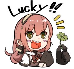 Rule 34 | + +, 1girl, amonitto, black gloves, blush stickers, closed mouth, clover, english text, four-leaf clover, girls&#039; frontline, gloves, green eyes, hair between eyes, holding, holding clover, open mouth, pink hair, r93 (girls&#039; frontline), smile, solo, symbol-shaped pupils, teeth, upper body, upper teeth only