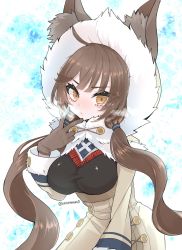 Rule 34 | ahoge, animal ears, artist name, breasts, breath, brown eyes, brown hair, coat, expressionless, fur-trimmed headwear, fur trim, gloves, guardian tales, highres, ice background, innuit girl coco, large breasts, looking at viewer, short hair with long locks, uniofthedead, v