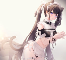 Rule 34 | 1girl, animal ears, apron, arm ribbon, back bow, beige background, belt, bikini, black bikini, black bow, black hair, black panties, black ribbon, black shirt, black sleeves, blue eyes, blush, bow, breasts, bridal garter, cat ears, cat girl, cat tail, chair, collar, commentary request, cowboy shot, crop top, cross, cross earrings, detached sleeves, earrings, frilled apron, frills, grey background, hair ribbon, hairband, interlocked fingers, jewelry, leaning forward, long hair, looking at viewer, maid, maid headdress, midriff, navel, no pants, original, own hands together, panties, parted lips, pendant, puffy short sleeves, puffy sleeves, revealing clothes, ribbon, shirt, short sleeves, side-tie panties, sidelocks, simple background, sleeveless, sleeveless shirt, small breasts, solo, suzumori uina, swimsuit, tail, twintails, underwear, very long hair, waist apron, white apron, white bow, white ribbon
