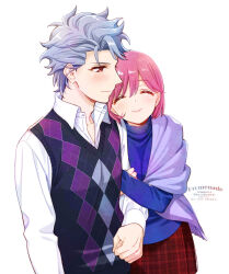 Rule 34 | 1boy, 1girl, argyle, argyle clothes, argyle sweater vest, blue sweater, blush, closed eyes, collared shirt, dated, grey hair, holding another&#039;s arm, krudears, long sleeves, medium hair, pink hair, plaid, plaid skirt, protagonist (tokimemo gs3), red eyes, red skirt, shirt, shitara seiji, short hair, skirt, smile, sweater, sweater vest, tokimeki memorial, tokimeki memorial girl&#039;s side 3rd story, turtleneck, turtleneck sweater, twitter username, upper body, white background, white shirt