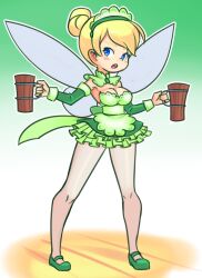 Rule 34 | 1girl, apron, beer mug, blonde hair, blue eyes, blush, bow, breasts, cleavage, cup, detached collar, detached sleeves, disney, drantyno, dress, fairy, fairy wings, gradient background, green apron, green background, green bow, green dress, green footwear, hair bun, highres, holding, large breasts, long sleeves, looking to the side, maid, maid apron, maid headdress, mug, open mouth, pantyhose, peter pan (disney), shoes, standing, strapless, strapless dress, teeth, tinker bell (disney), waist bow, white pantyhose, wings