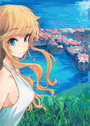 Rule 34 | 1girl, ahoge, bare shoulders, blonde hair, blue eyes, blurry, blurry background, breasts, city, collarbone, commentary request, day, from side, grass, idolmaster, idolmaster cinderella girls, long hair, looking at viewer, medium breasts, ohtsuki yui, outdoors, sawarakajin, smile, solo, swept bangs, wavy hair