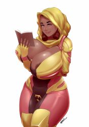 Rule 34 | 1girl, areola slip, arm between breasts, armor, between breasts, breasts, dark-skinned female, dark skin, formal, twirling hair, highres, hijab, large breasts, midriff, nigaw, original, reading, red eyes, solo, standing, suit, thick thighs, thighs